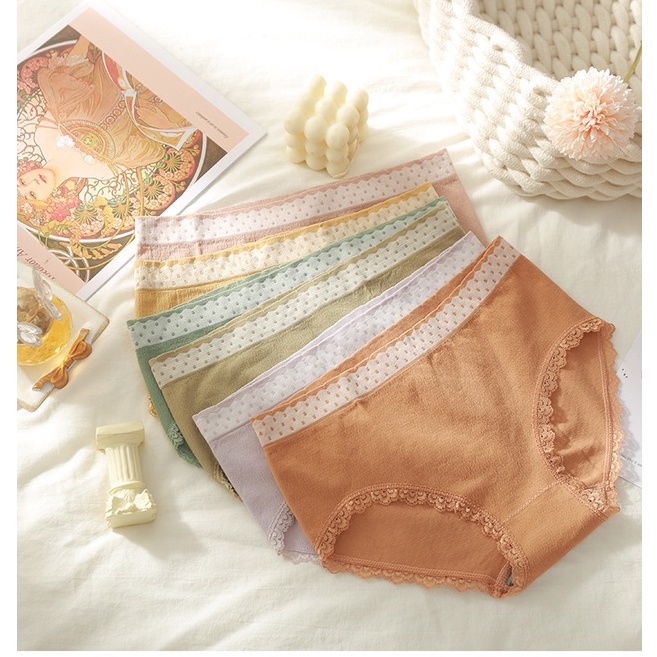 Quần Lót Nữ - Quần Lót Cotton Lưng Chấm Bi Kháng Khuẩn Viền Ren AMY BRA LQ13