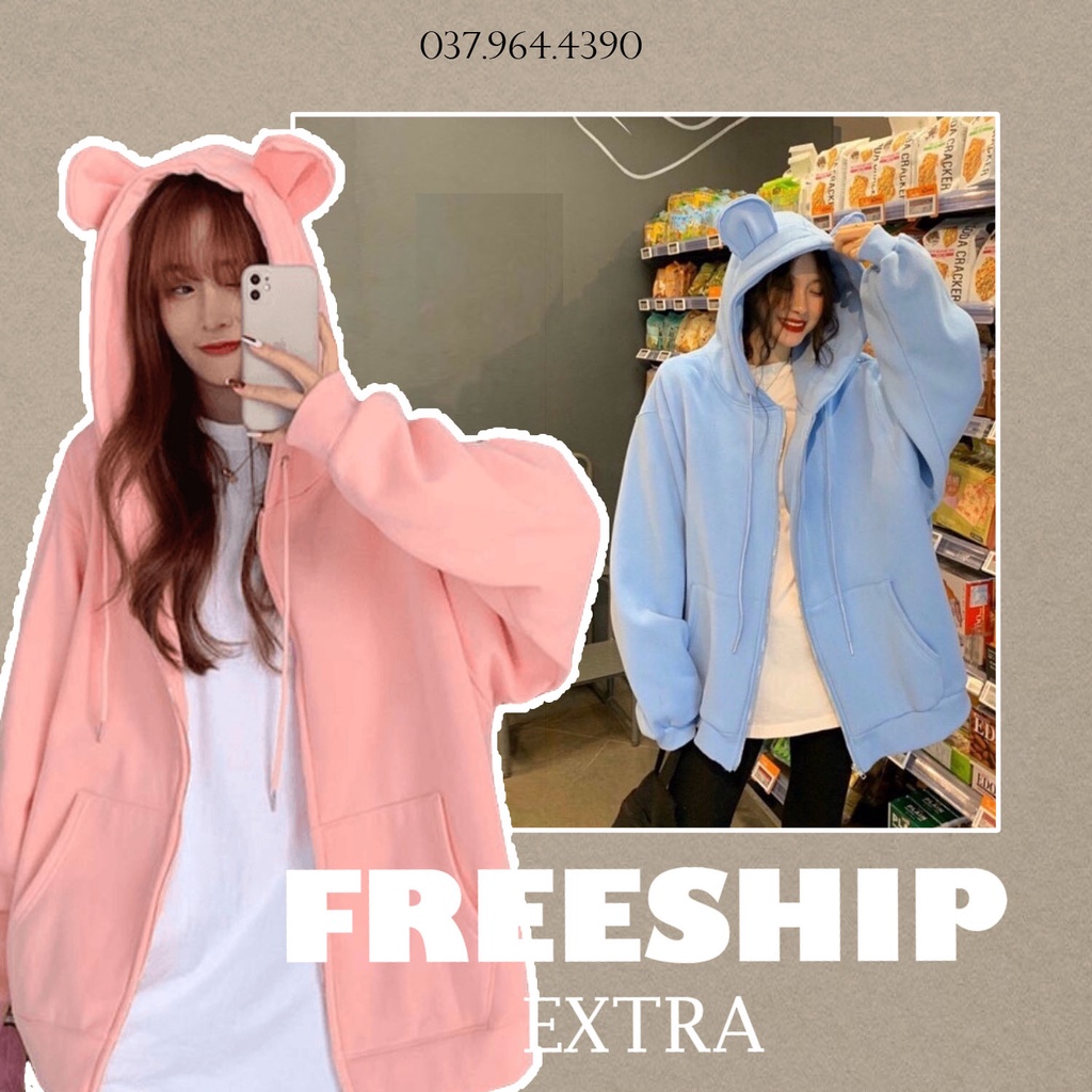AK022 Áo Khoác HOODIE ZIP chất nỉ tai thỏ xanh hồng có mũ cute đáng yêu túi trước dễ thương có khóa form rộng thu đông