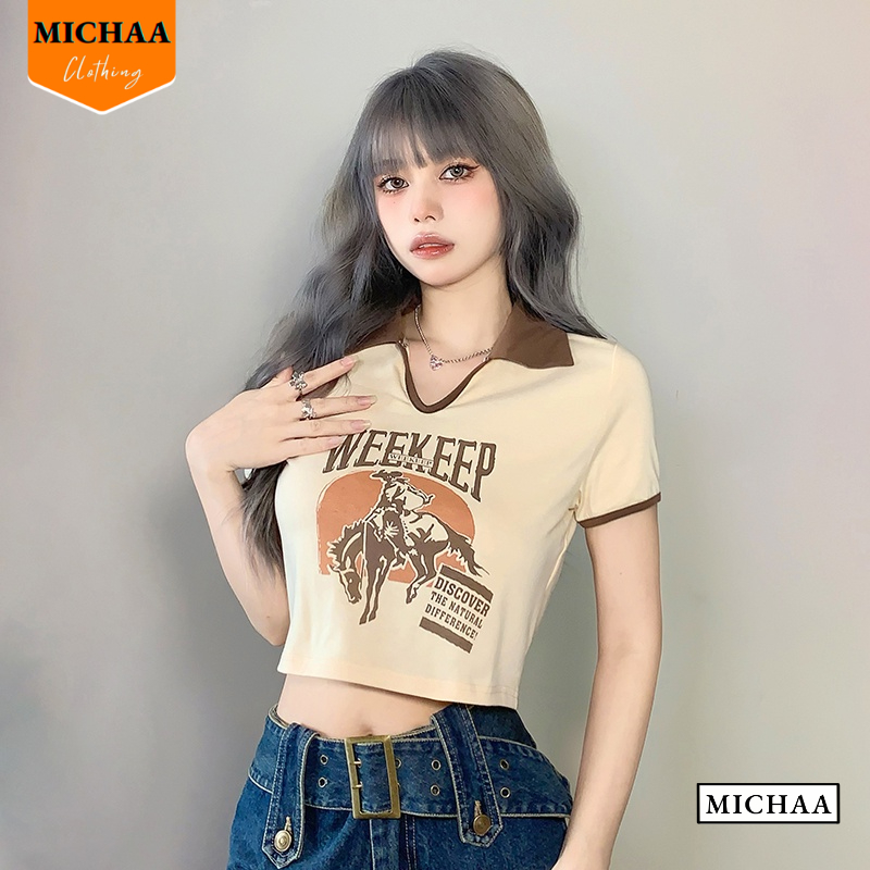 Áo Croptop Ôm Body Nữ WEEKEEP Cổ Bẻ Xẻ V Tay Ngắn, Áo Thun Croptop Kiểu In Họa Tiết - MICHAA CR83
