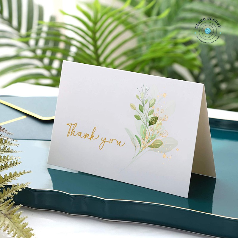 Thiệp Thank You trắng phong bì xanh viền gold 16x11cm xinh đẹp, sang trọng