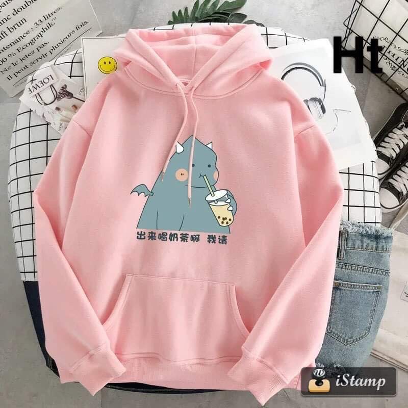 Áo hoodie khủng long hút trà sữa H26