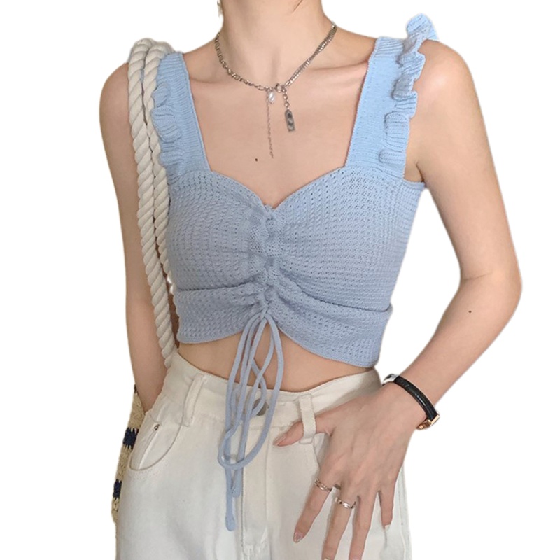 Xiangbao Áo Crop Top Len Dệt Kim Mỏng Không Tay Cổ Chữ V Phối Bèo Và Dây Rút Gợi Cảm Cho Nữ