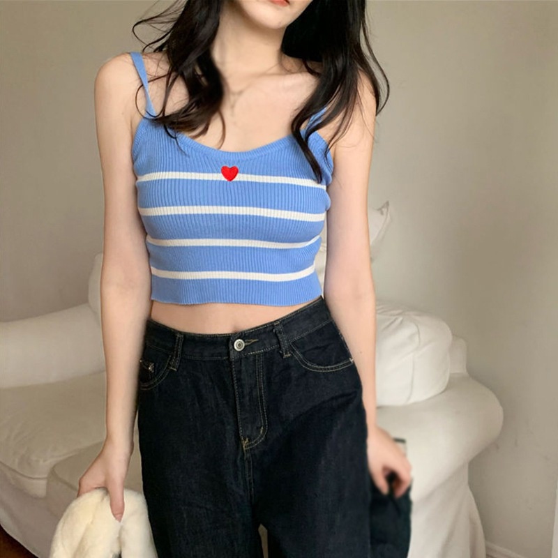 Áo Croptop Dệt Kim Cổ Chữ V Thêu Họa Tiết Trái Tim Thời Trang Cho Nữ