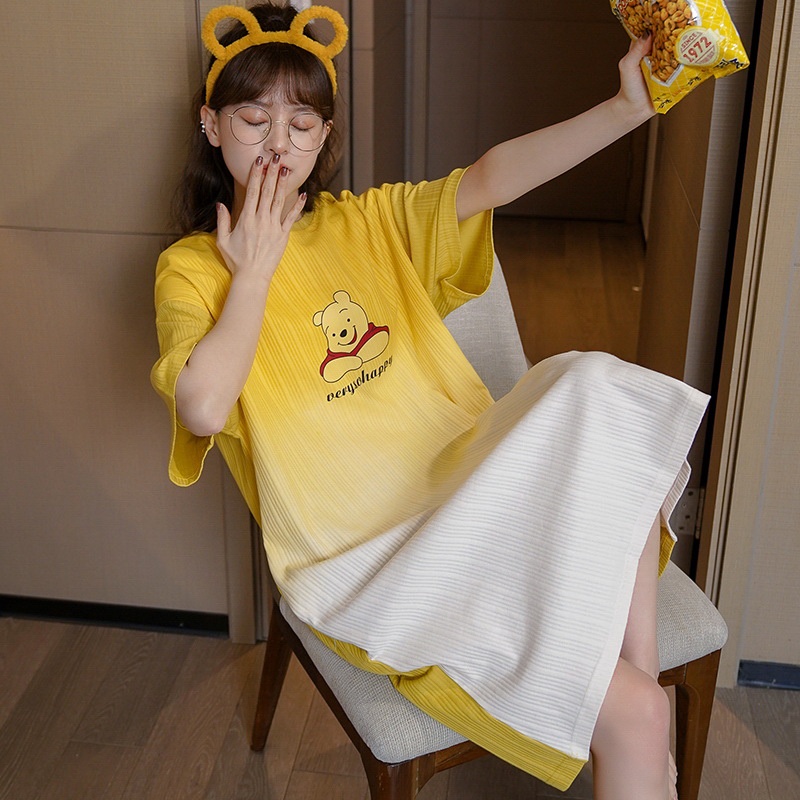 [Hàng Sẵn] Váy ngủ mùa hè Thân thiện với da đầu gối Dài tay dệt kim Cotton Váy ngủ dành cho nữ 【Wyoming060】