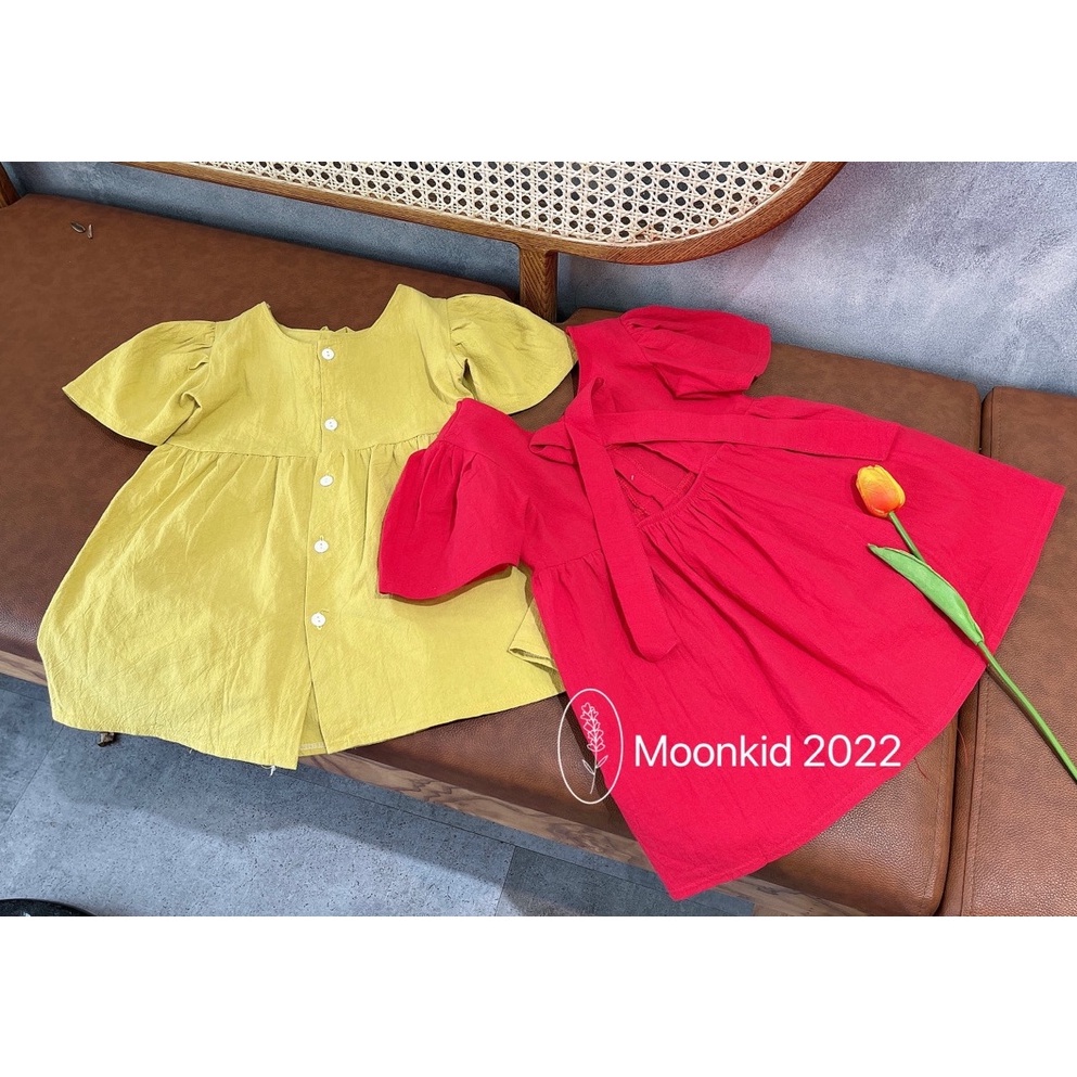 Váy đầm công chúa đũi mềm cao cấp cài khuy tay bồng nơ lưng cho bé gái cho bé 8-20kg