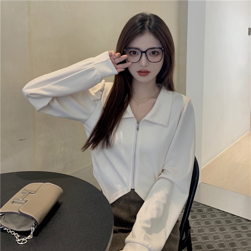 Áo cardigan dệt kim ZHELIHANGFEI tay dài cổ polo lưng cao thiết kế lệch tà phong cách cá tính