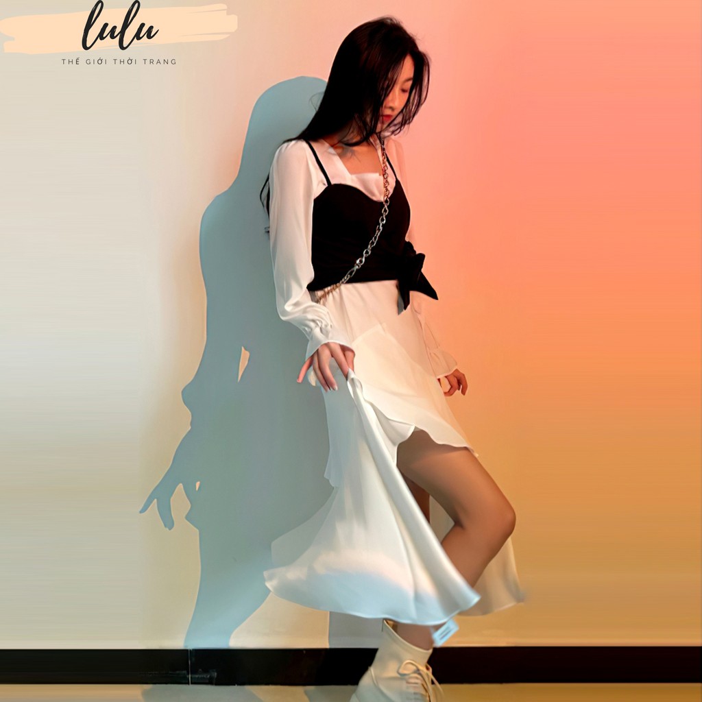 [Hàng Cao Cấp Loại 1] Set Váy Trắng Cổ Vuông Và Yếm Đen Xẻ Chân Có Tầng Chất Liệu Đũi Mát | BigBuy360 - bigbuy360.vn