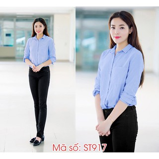 Set nguyên bộ sơ mi tay dài quần jean đen đơn giản