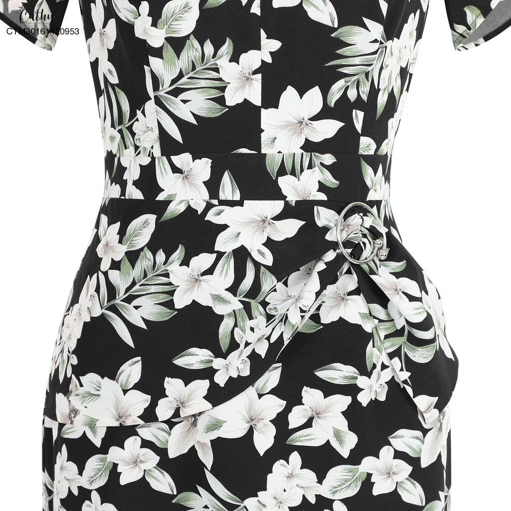 Đầm bút chì hoạ tiết Cathy Clans cổ khoét giọt nước hoa trắng xanh - đen | BigBuy360 - bigbuy360.vn