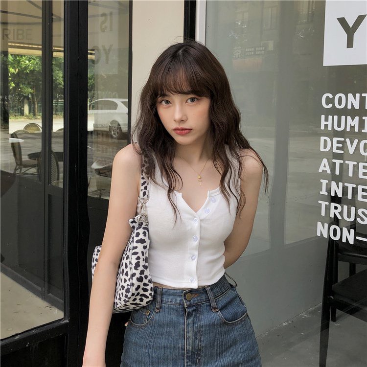 Áo Ba Lỗ Phối Khuy Cổ V Croptop thun tăm body dáng ôm