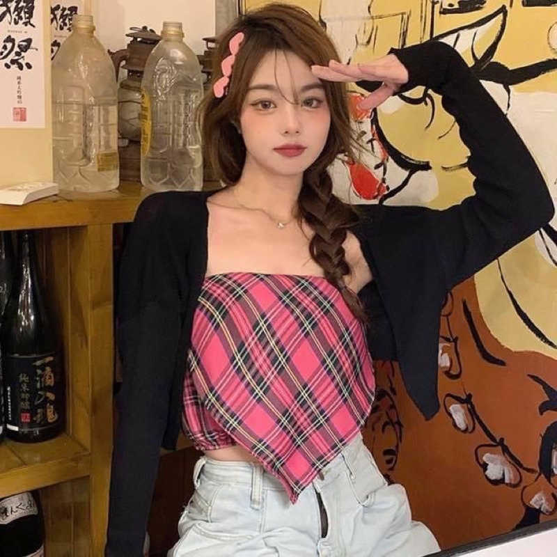 Set áo ống Croptop ngắn nữ kiểu sọc caro và áo khoác cardigan tay dài đen - Order taobao quảng châu