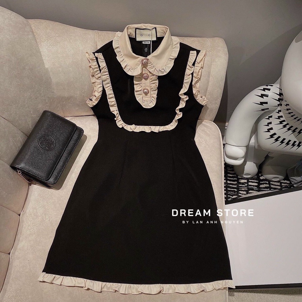 [ Miễn phí ship 2022 ] Đầm đen tiểu thư cánh tiên, đầm cổ bèo, đầm thiết kế cổ sơ mi đính nút dự tiệc sang trọng