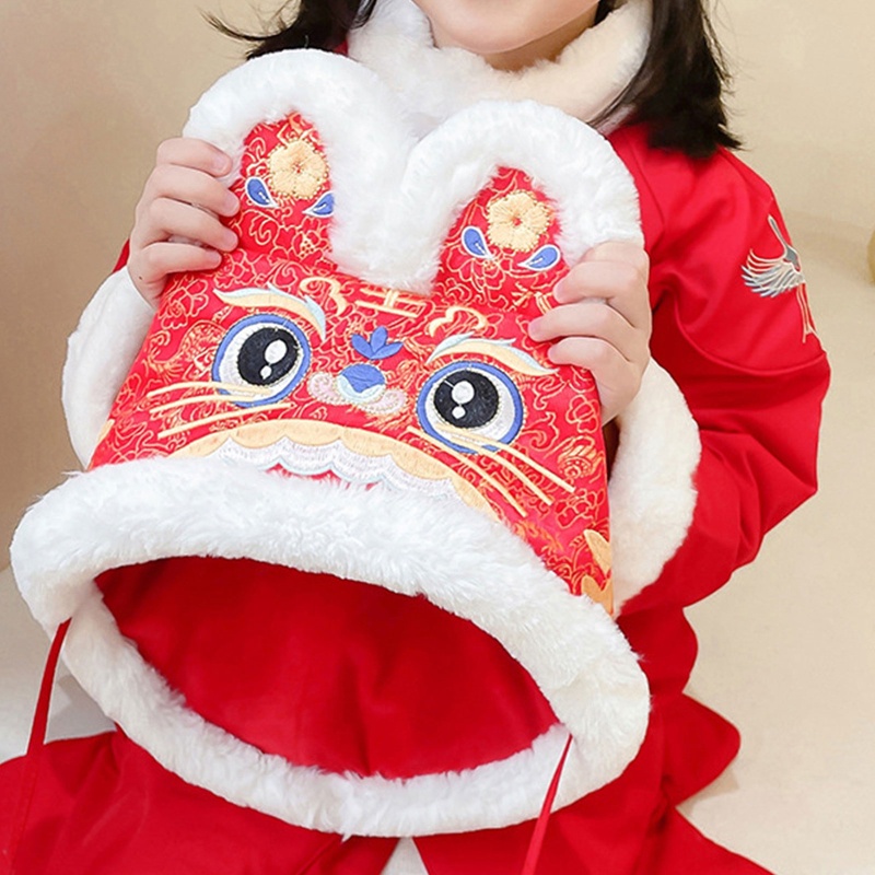 Mũ Giữ Ấm Mùa Đông Thêu Họa Tiết Hoạt Hình Phong Cách Trung Hoa Cho Bé