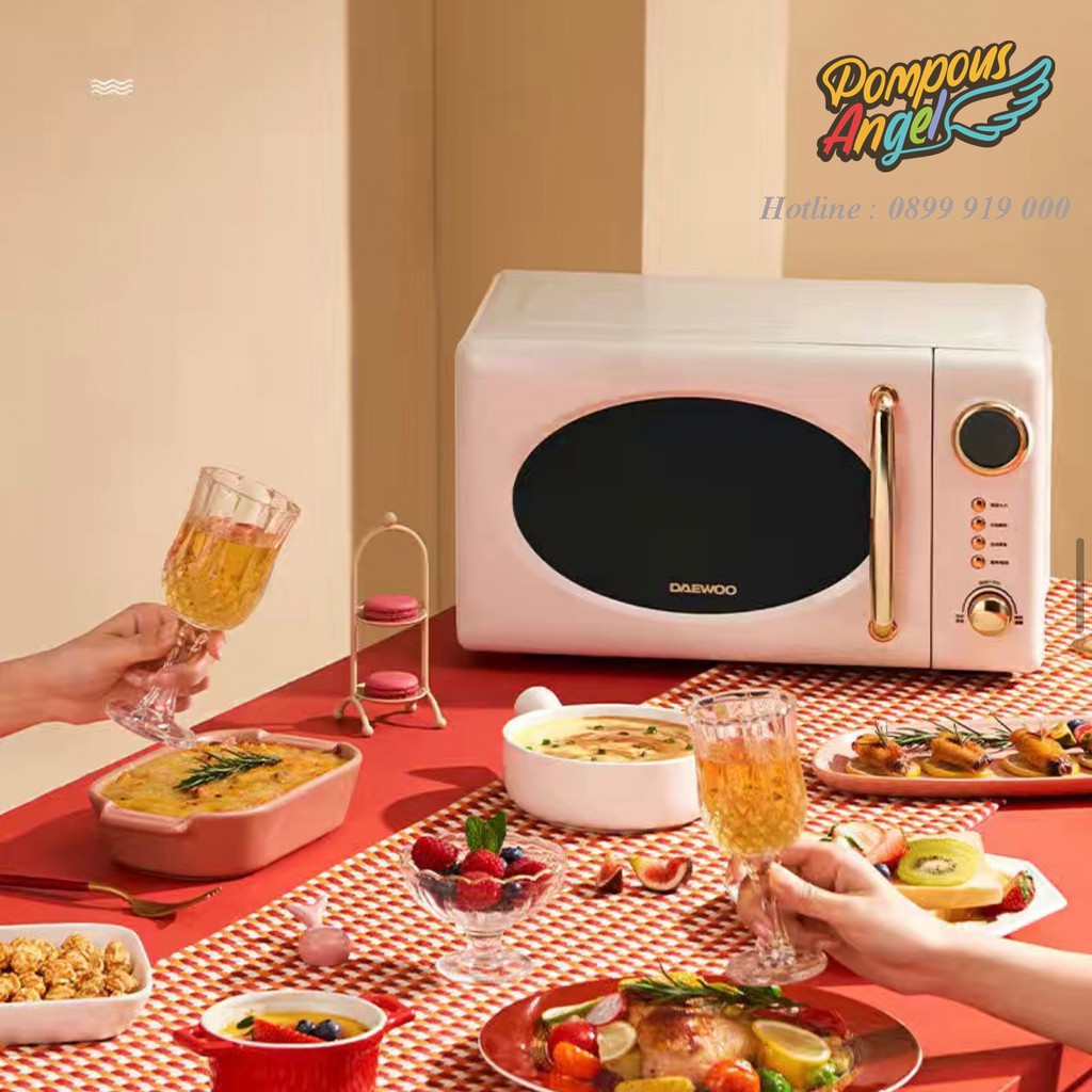 Lò vi sóng điện DAEWOO DY-WB02 màu trắng / đỏ viền vàng ,dung tích 20L bảo hành 12 tháng