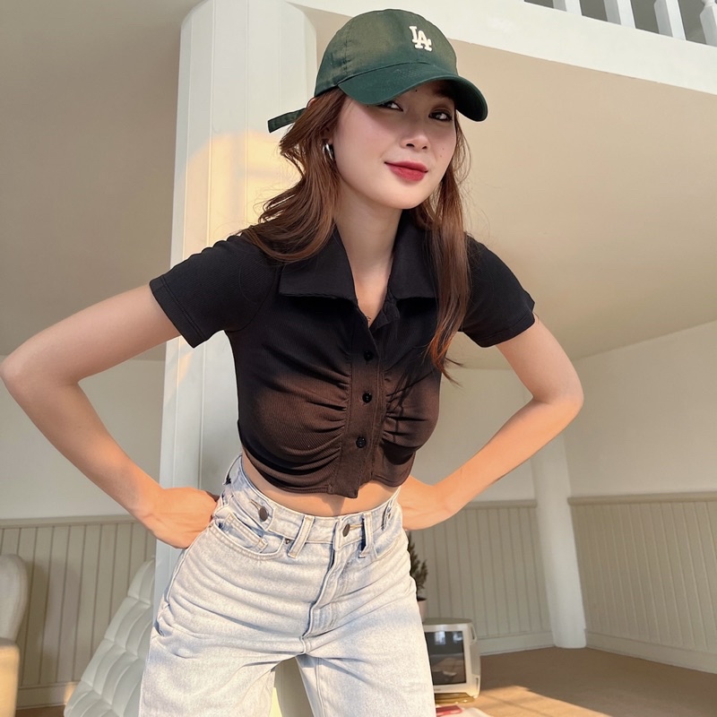 Áo croptop nữ body TOPTIFY ngắn tay nhún nẹp cổ polo Huxley Top A241