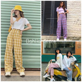 Quần cul ống rộng kẻ sọc caro cạp cao cúc giả - quần ống sớ kẻ caro nữ