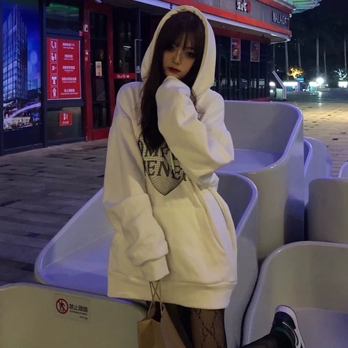 Áo Hoodie Dáng Rộng In Chữ Và Trái Tim Xinh Xắn Dễ Phối Đồ