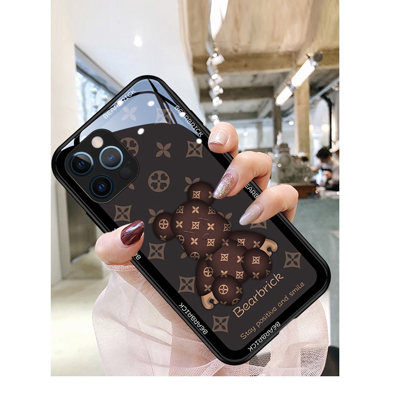 Ốp Điện Thoại Mặt Kính Viền Thẳng Họa Tiết Gấu Hoạt Hình Cho iPhone 13 12 11 Pro Max Promax XS Max XR X 7 Plus 8 8Plus