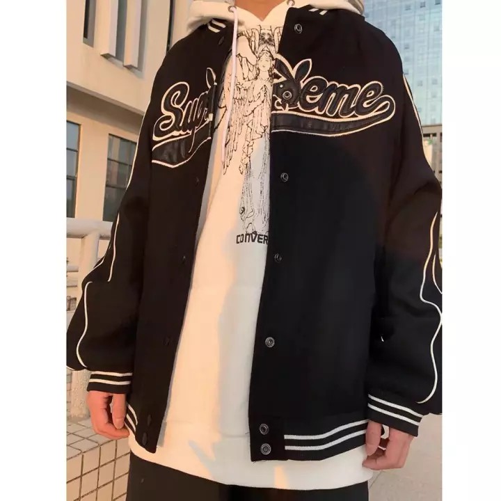 Áo khoác Bomber Supreme Varsity màu đen thêu chữ - vải dù hai lớp kiểu dáng trẻ trung cho nam và nữ MAYLANSTOE