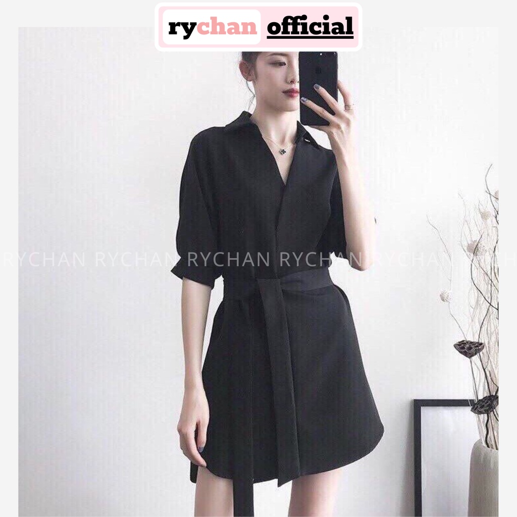 DX490 - Đầm Xòe Sơ Mi Đen Cột Eo Cực Xinh