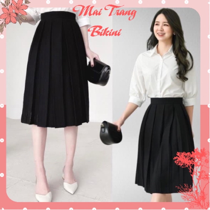 Chân váy dài xếp ly lưng cao công sở đẹp dáng xòe chữ A màu đen – (CV01)