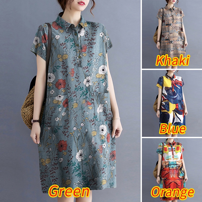 Đầm midi Zanzea tay ngắn có nút cài in họa tiết phong cách vintage thời trang dành cho nữ