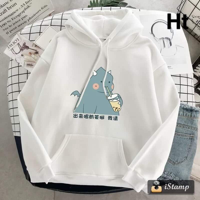 Áo hoodie khủng long hút trà sữa H26