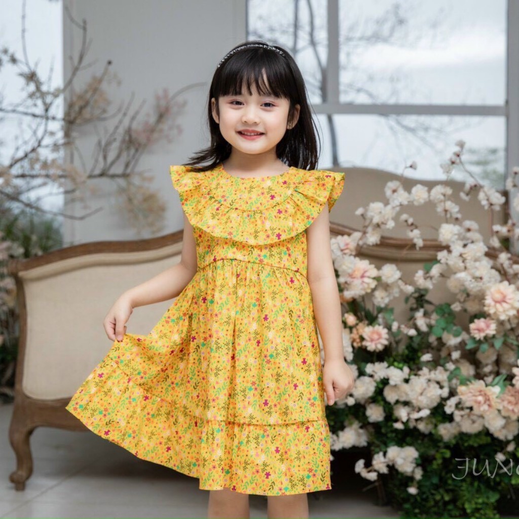 Váy Đầm Hoa Nhí 2 Màu Cho Bé Gái Cổ Phối Bèo Điệu Đà Size 8-20Kg NamKidShop (V367)