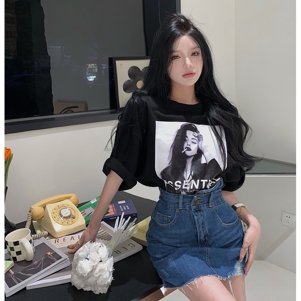 Set Áo Thun Ngắn Tay Form Rộng Và Chân Váy Denim Lưng Cao Thời Trang Mùa Hè Mới Phong Cách Hàn Quốc Cho Nữ