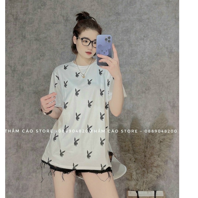Áo thun tay lỡ họa tiết Thỏ in kín BIGOMALL - Áo phông nam nữ unisex freesize form rộng 65kg