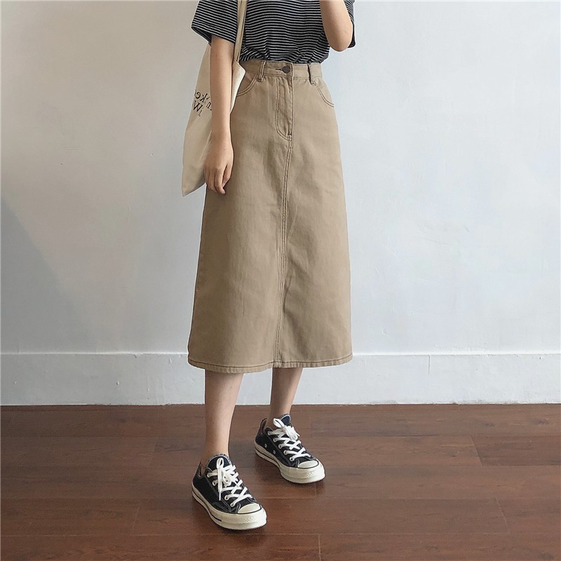 Chân váy Kaki dáng A suông dài Vintage Hàn Quốc - Có ảnh thật ibox