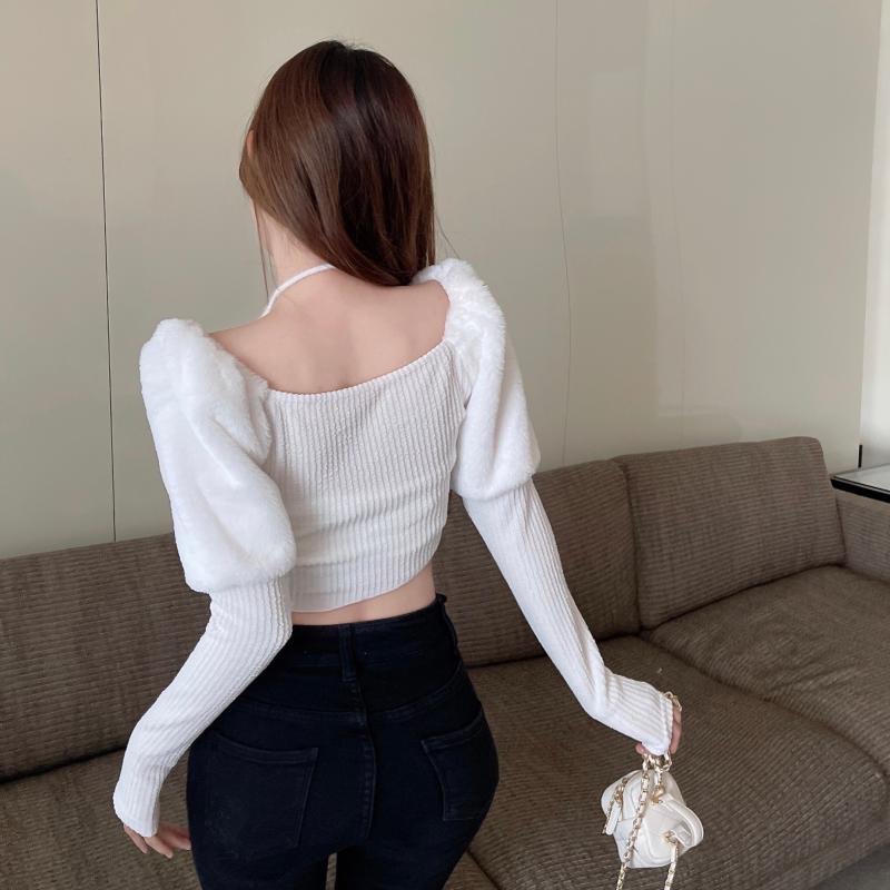 Áo len dệt kim bông cổ chữ V vạt áo hở rốn sang trọng gợi cảm
