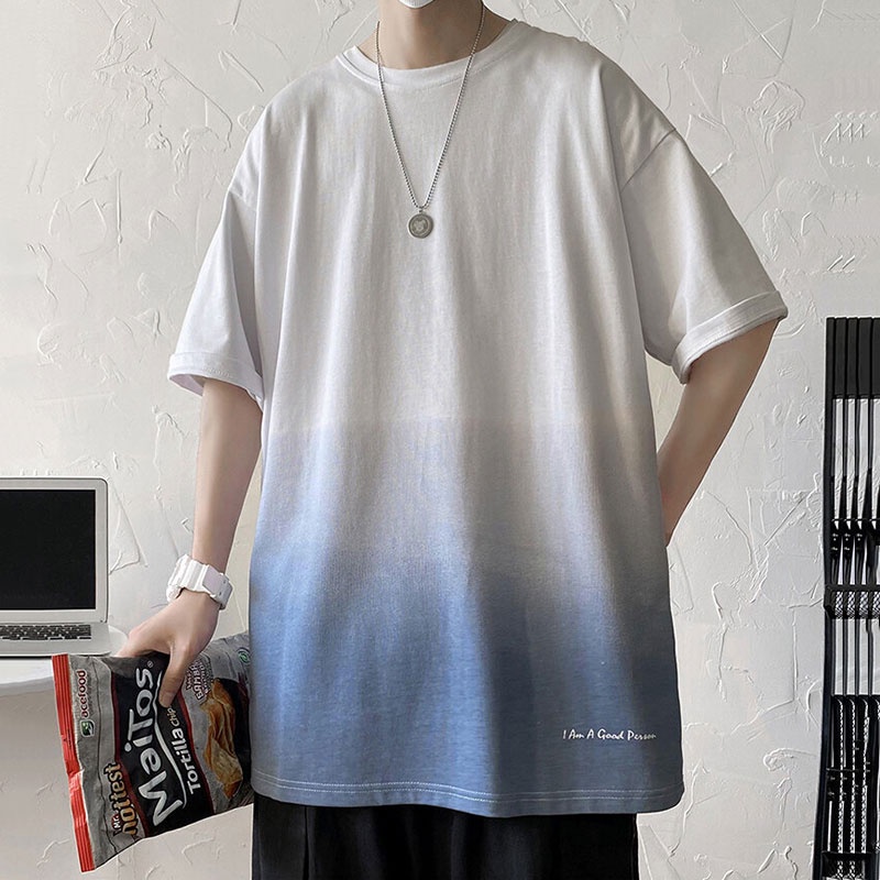 Áo Thun Ngắn Tay Cổ Tròn Dáng Rộng Phối Màu Gradient Đơn Giản Theo Phong Cách Mùa Hè Dành Cho Nam