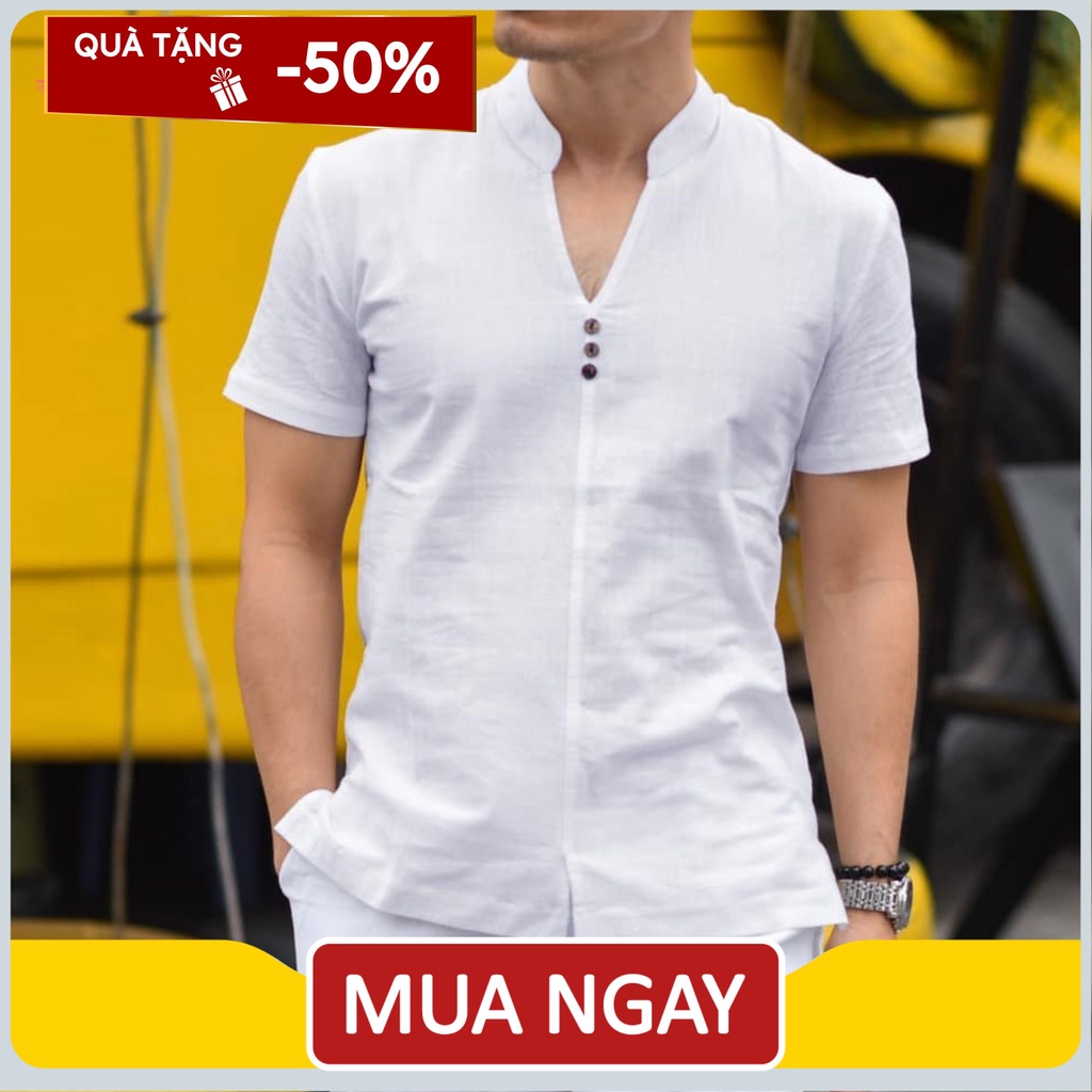 Áo Đũi Nam Cổ V Tay Ngắn Chất Liệu Đũi tằm Mềm Mịn Mát Nhẹ Thoáng Mặc Như Không Mặc