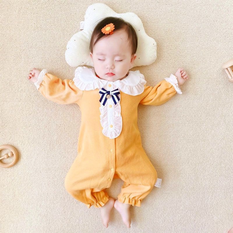 Áo Liền Quần Tay Dài Đính Nơ Chất Liệu Cotton Thời Trang Xuân Thu Xinh Xắn Cho Bé Gái