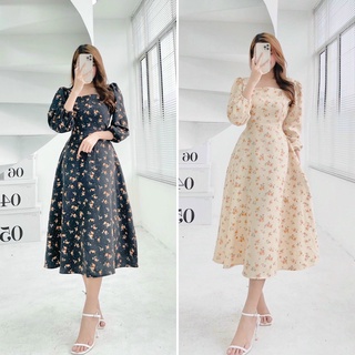 Đầm midi hoa cổ vuông tay dài nhung gân tăm - kèm video