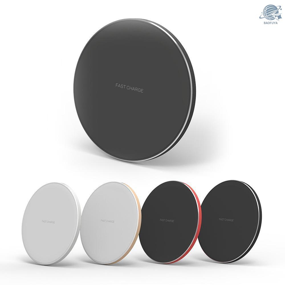 BF Portable Aluminum Alloy Ultra-thin Round Shape Qi Standard Wireless Charger 10W Fast Charging Pad Universal Phone Charge Base for i-Phone 8/8 Plus/X or for Samsung Galaxy S9+/S9/S8/S8+/S7/S7 Edge/S6 Edge+ and More