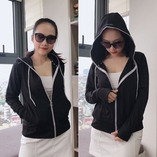 Áo khoác nón to phối dây kéo - đen phối xám