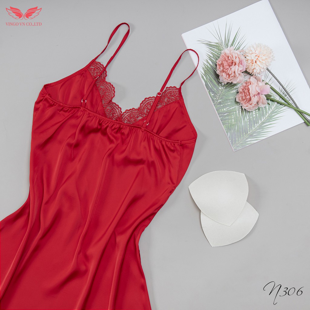 VINGO Váy Ngủ Hai Dây Nữ Lụa Pháp Trơn Cao Cấp Phối Ren Ngực Sexy Quyến Rũ N306 VNGO | BigBuy360 - bigbuy360.vn