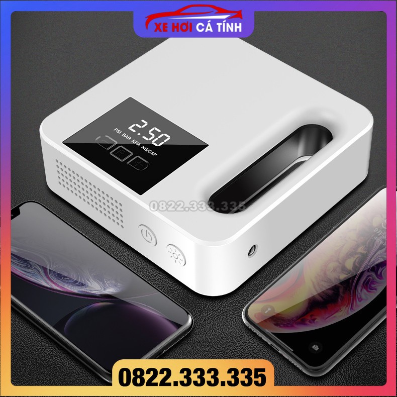 Bơm Lốp Ô tô Màu trắng, xe máy Ngắt Tự Động, Ngắt Tay Chính Hãng Tích Hợp Đèn Pin Soi Sáng.
