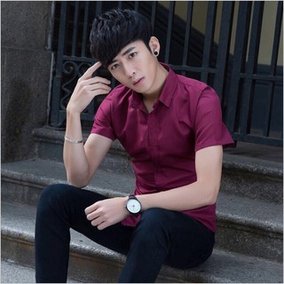 Áo sơ mi Nam ngắn tay cổ trơn màu đỏ đô