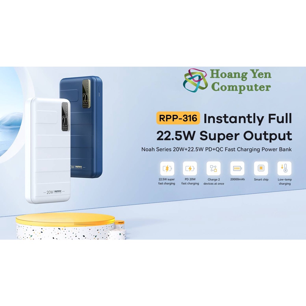 Sạc Dự Phòng Remax RPP-316 20000Mah (Sạc Nhanh QC3.0 18W, 22.5W, PD20W, VOOC 2.0) - BH 1 Năm - Hoàng Yến Computer