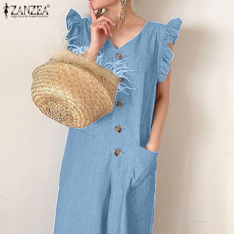 Áo liền quần ZANZEA cổ chữ V tay bèo có túi phía trước phối nút thời trang cho nữ