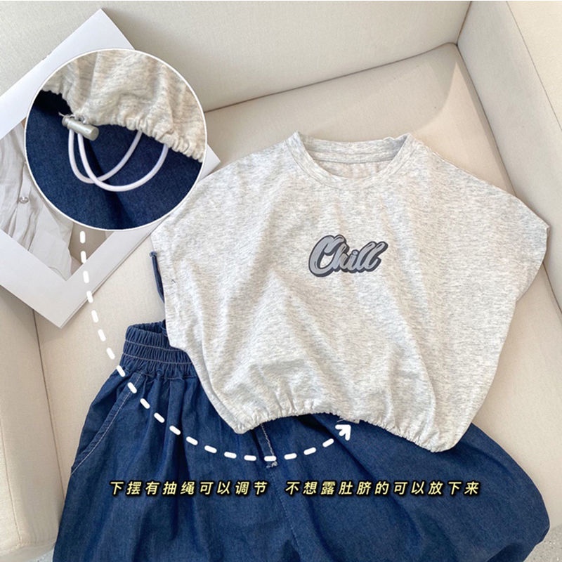 Bộ Áo Thun Tay Ngắn Và Quần Denim Cotton Dáng Rộng Thoải Mái Phong Cách Hàn Quốc Cho Bé Gái