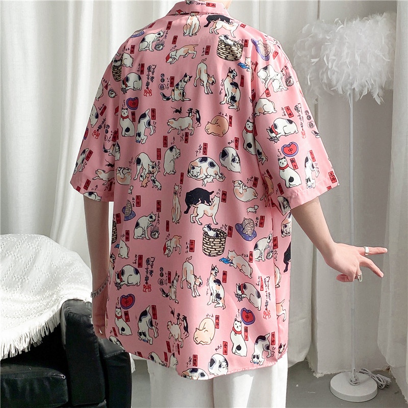 Slim Short Sleeve T-shirt Printed with Japanese Cartoon Cats and Dogs Slim Design Summer Fashion Men's 2022