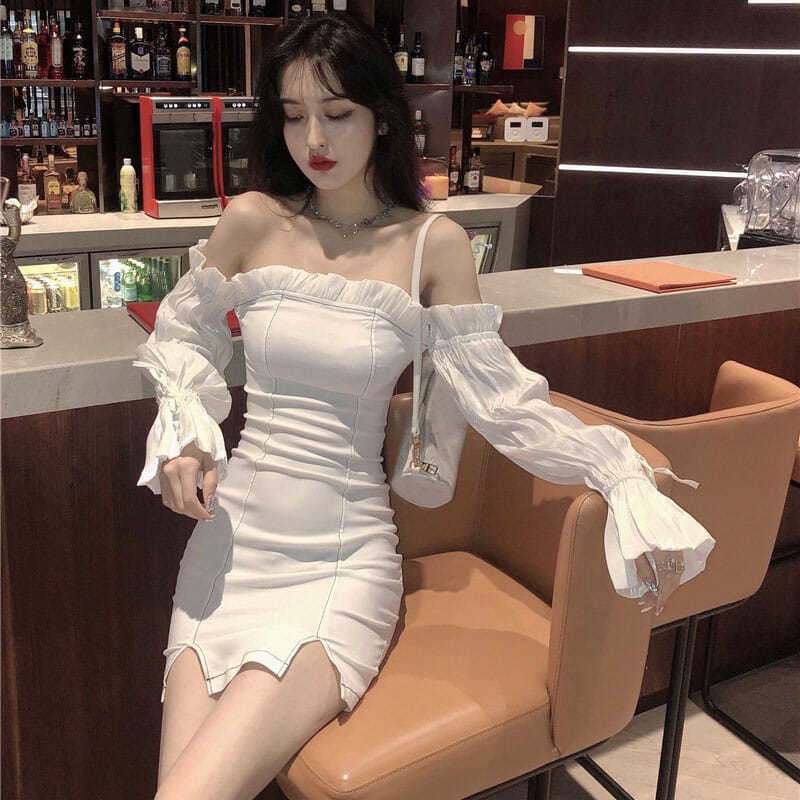 Váy ôm body trễ vai tay bèo phong cách Hàn Quốc