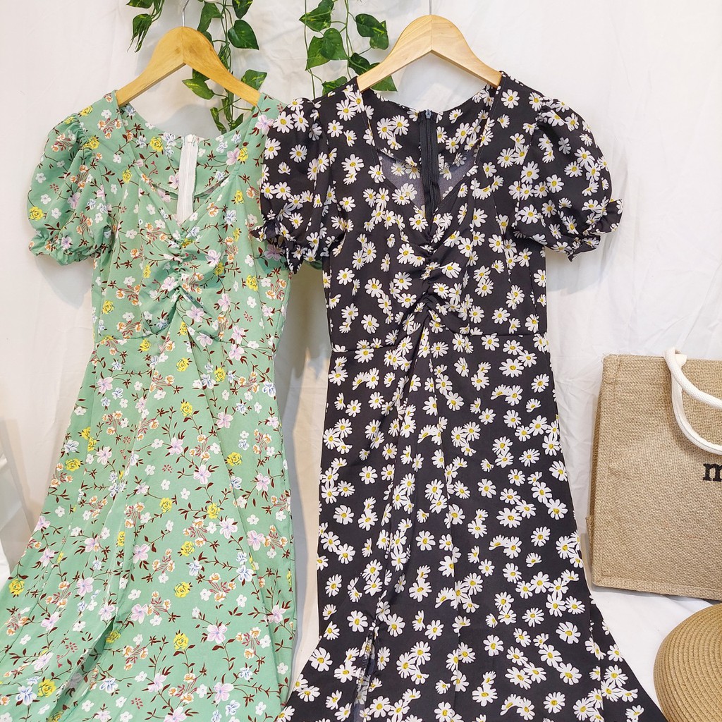 Váy hoa cúc nhí vintage xẻ tà,váy cúc họa mi xinh xắn