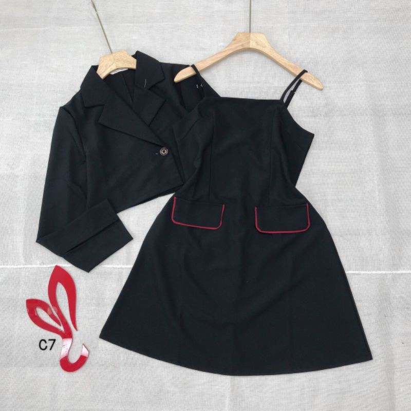 Set váy 2 dây cotton lạnh + khoác vest túi viền