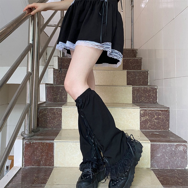 Vớ ống chân nhún bèo và dây thắt chéo phong cách Lolita punk gothic Harajuku giữ ấm chân cho nữ