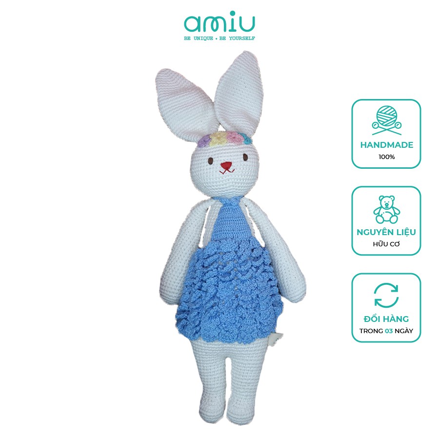Gấu bông móc len Amigurumi cao cấp Amiu Việt Nam - Thỏ Lala trắng váy yếm màu đồ chơi handmade - SP000207